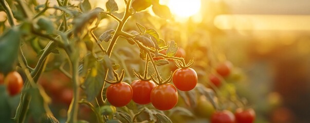 Poster - Branch of cherry tomatoes growing under golden sunset light
