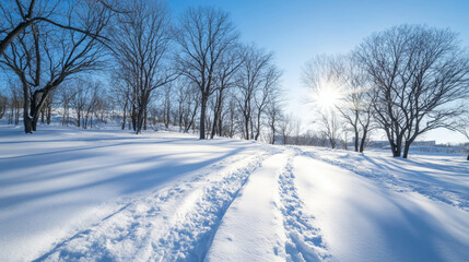 Wall Mural - Snow-covered path winding through bare trees, casting long shadows on the pristine snow, while sunlight filters through branches against a backdrop of clear blue sky on a winter day