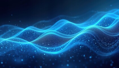 Poster - Abstract futuristic design background shows glowing blue wavy lines, particles. Dynamic wavy patterns, energy flow suggest tech innovation. Modern illustration could used for tech backgrounds,