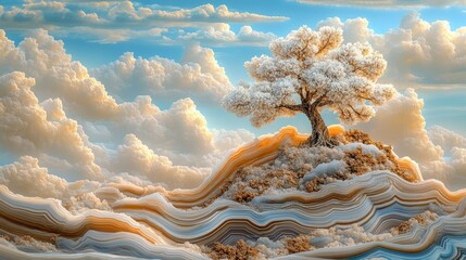 Wall Mural - a white and gold stucco molding featuring golden highlights, portraying chinese and japanese landsca