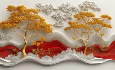 Wall Mural - a concrete wall with textured stucco molding, exhibiting a white and red wave abstract design highli