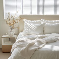 Wall Mural - Bright white home bedroom interior, clean fresh white bed linen and pillows on bed, cozy morning room decor