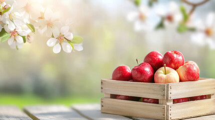 Wall Mural - Wooden crate full of ripe red and yellow apples resting on a table in a garden, surrounded by blooming apple trees in springtime, celebrating the season of harvest and natural abundance