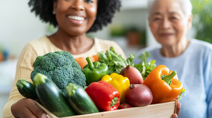 Wall Mural - Smiling farmer carrying wooden crate of fresh, colorful vegetables, senior customer browsing nearby, representing local farm produce and community agricultural connection