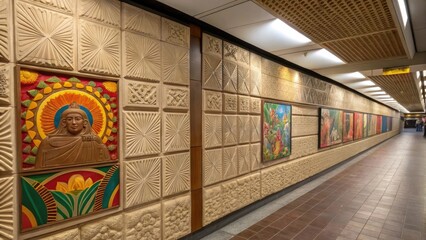 A closeup of textured wall panels featuring local artwork enhancing the aesthetic appeal of the station while celebrating the culture of the surrounding area.