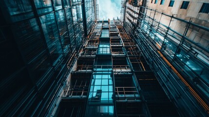 Aufkleber - Modern building under construction with scaffolding and glass facade