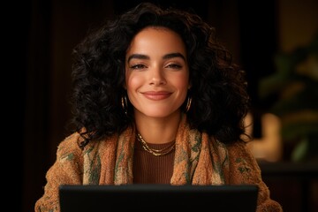 smiling woman with curly hair and earrings in her ears. The photo is made in blue and brown tones. A successful and confident business person