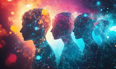 Wall Mural - Three connected human profiles with network overlays.