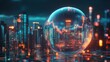 © Justlight - Futuristic cityscape reflects inside a glass sphere with an illuminated financial chart, symbolizing economic growth and stability in a technologically advanced urban environment