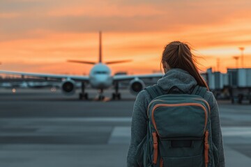 a traveler stands at the airport, gazing at an airplane against a stunning sunset, evoking wanderlus