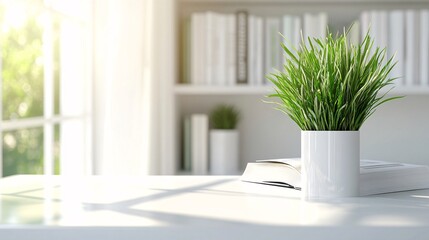 Poster - Green plant bringing life to a modern home office with books on desk