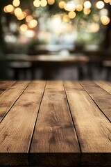 Aufkleber - Empty wooden table top showing restaurant interior with lights in background