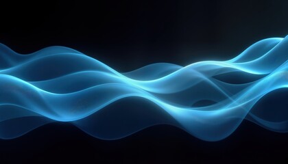 Poster - Abstract design. Soft glowing blue waves overlap on sleek black background. Modern fluid aesthetic. Elegant flowing shapes. Stylish background. Dynamic design element. Visually appealing.