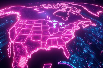 Wall Mural - digital map of north america with glowing neon lights, symbolizing global connectivity and data tran