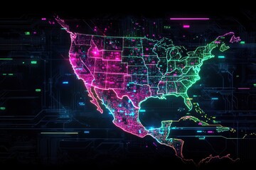 Wall Mural - abstract digital map of north america, brazil, and latin america with the colors pink, blue, green, 