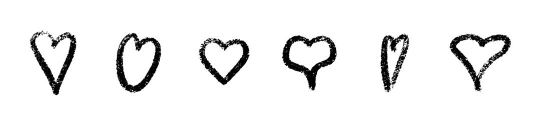 Wall Mural - crayon heart set of black sketched shapes with rough textured edges - grunge hand drawn love symbols