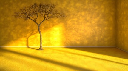 Poster - Bare Room with Dried Tree, Yellow Walls, Sunlight