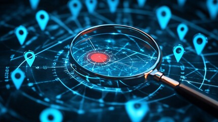Leinwandbilder - Magnifying glass analyzing location pins on digital map