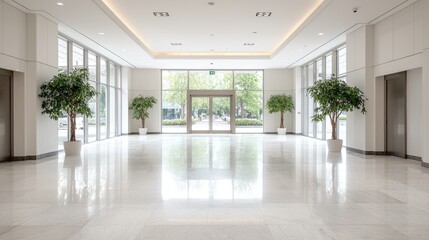 Canvas Print - Modern office lobby entrance, bright spacious interior, glass doors, plants,  business use