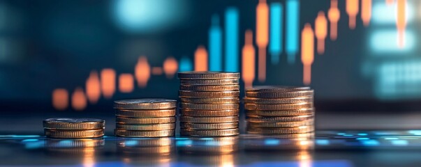 Leinwandbilder - Stacks of coins growing showing increasing investment profits with stock market graph in background