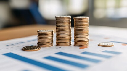 Leinwandbilder - Stacks of gold coins are showing positive financial results on a chart