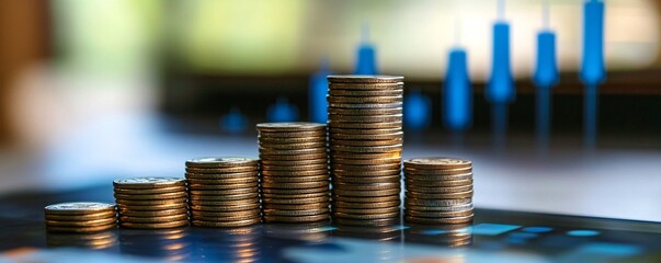 Leinwandbilder - Stacks of coins forming upward trend with financial chart in background