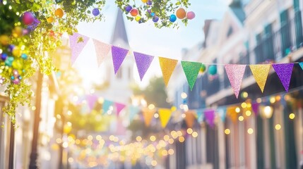 Wall Mural - festival street decor: vibrant bunting and cheerful string lights adorn a charming street, creating 