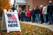 © miss irine - Many people stand in line waiting to vote at polling place. Sign with American flag indicates voting location. Public voting process in action. Citizens participate in democratic election. Location