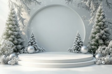 Aufkleber - Elegant winter stage with snow-covered trees and decorative baubles in a serene atmosphere