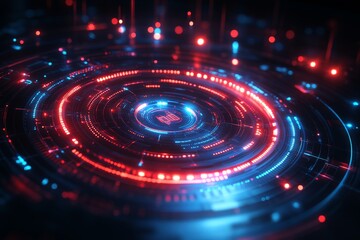Poster - Futuristic digital abstract with vibrant red and blue lights creating a mesmerizing circular pattern in a virtual space