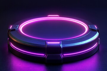 Poster - Circular futuristic platform with glowing neon lights in a dark setting displays an immersive technological ambiance