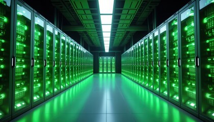 Poster - Modern server room. Rows of green energy-efficient server cabinets glow brightly. Tech infrastructure in sustainable data center. Modern tech. Eco-friendly technology. High-performance servers.