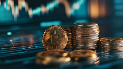 Leinwandbilder - Bitcoin cryptocurrency stack showing increasing value with graph on monitor in background