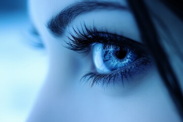 Poster - Close-up of a woman's eye showcasing vivid blue tones and striking details during a serene moment