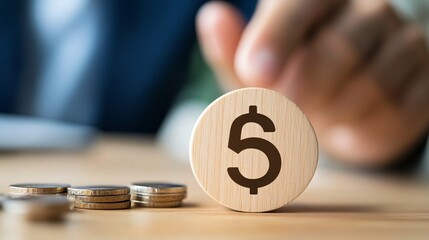 Leinwandbilder - Businessman pointing at wooden block with dollar sign and coins on table