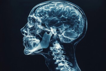 Poster - Detailed x-ray illustration showing human skull, jawbone, spine, and brain structure in high clarity