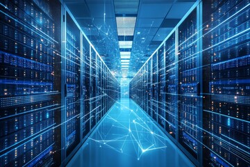 Poster - Advanced data center showcasing high-tech servers and optimized connectivity in a modern facility
