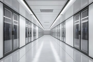 Poster - Modern data center hallway featuring rows of server racks under bright lighting