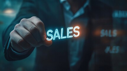 Poster - Businessman pushing sales growth with hologram projection