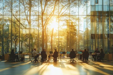 Aufkleber - Sunlight streaming through glass walls as professionals collaborate in a bright office space during evening hours