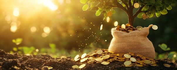 Leinwandbilder - Money tree growing out of full bag of coins at sunset
