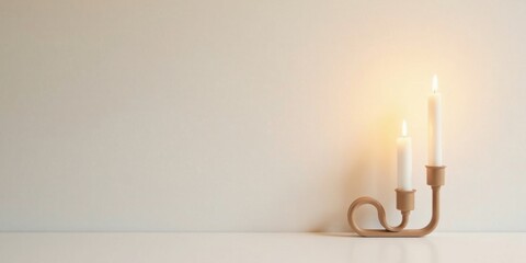 Serene Minimalist Candlescape Two Lit Candles on a Modern Candlestand Against a Neutral Wall