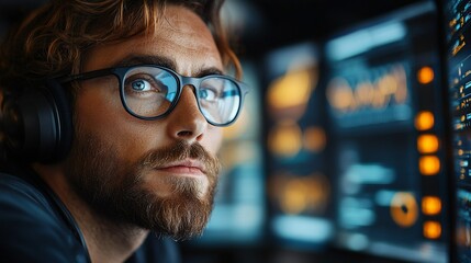Focused man with headphones reviewing data on multiple monitors.