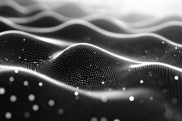 Fototapete - Dynamic abstract representation of waves with shimmering dots in black and white