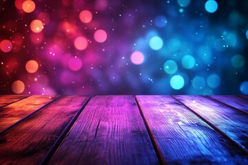 Poster - Colorful bokeh lights create a vibrant atmosphere over a rustic wooden table in an evening setting