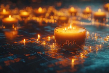 Poster - Soft light from glowing candles illuminates intricate patterns on a dark surface at an evening gathering