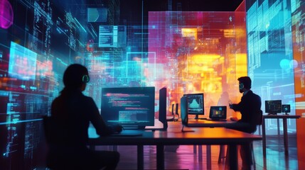 A vibrant workspace filled with modular AR workstations where employees collaborate on software development sharing their screens and coding in realtime through interactive visual tools.