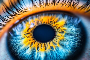Poster - Close-up view of a human eye showcasing vibrant colors and intricate patterns in a detailed exploration of natural beauty