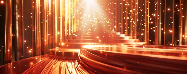 Poster - Sparkling golden podium illuminated by spotlights, ideal for displaying products or luxury items with falling glitter
