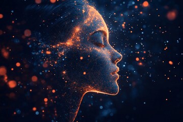 Fototapete - Woman's silhouette illuminated by glowing particles representing creativity and imagination in a dark atmosphere